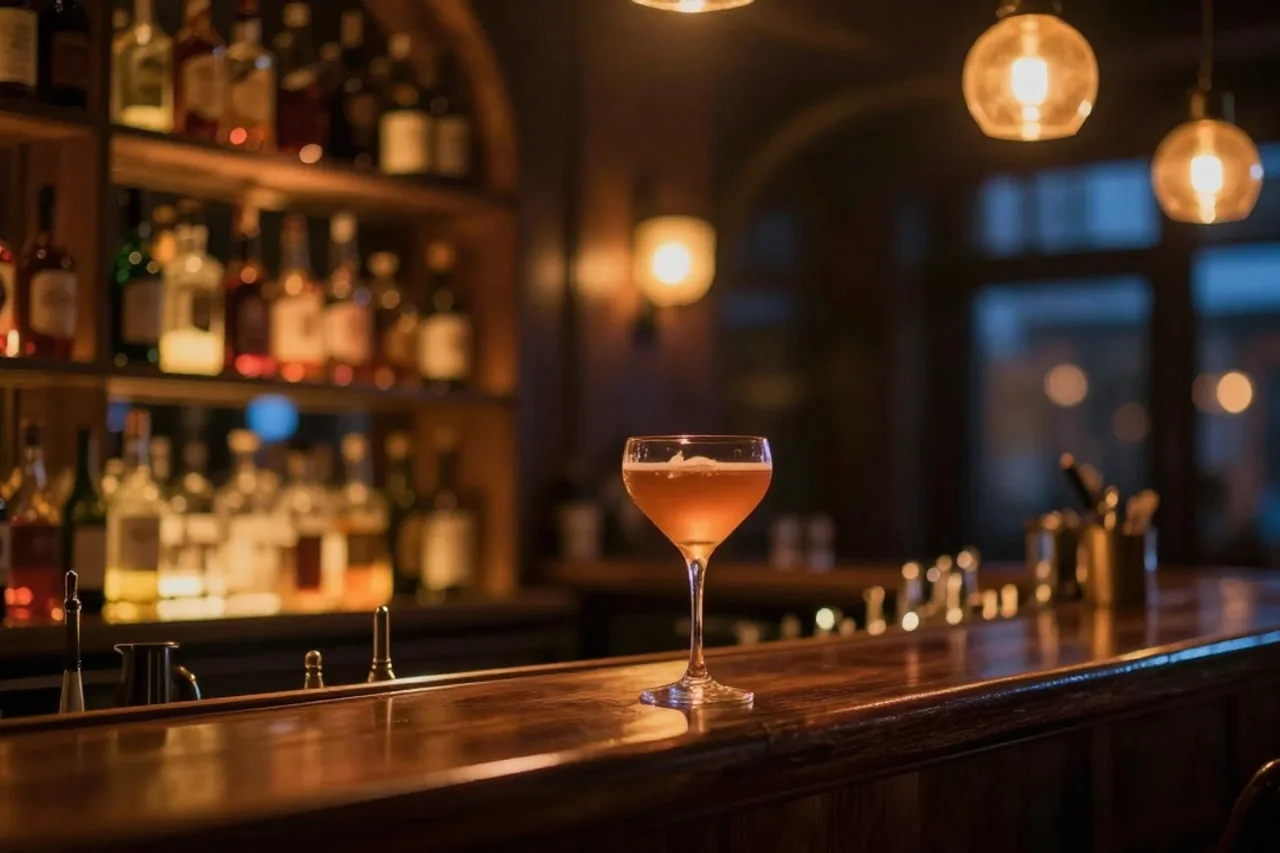 Comptoir du bar NOCTUA baigné d'une lumière ambrée