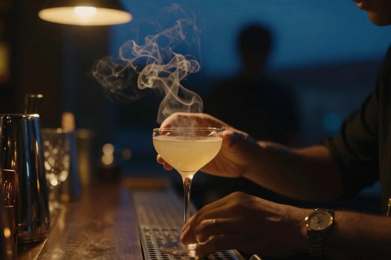 Mains d'un bartendeur composant un cocktail sous une lumière chaude