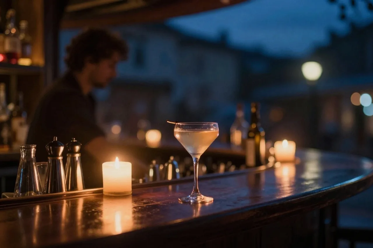 Comptoir intime du speakeasy NOCTUA éclairé à la bougie