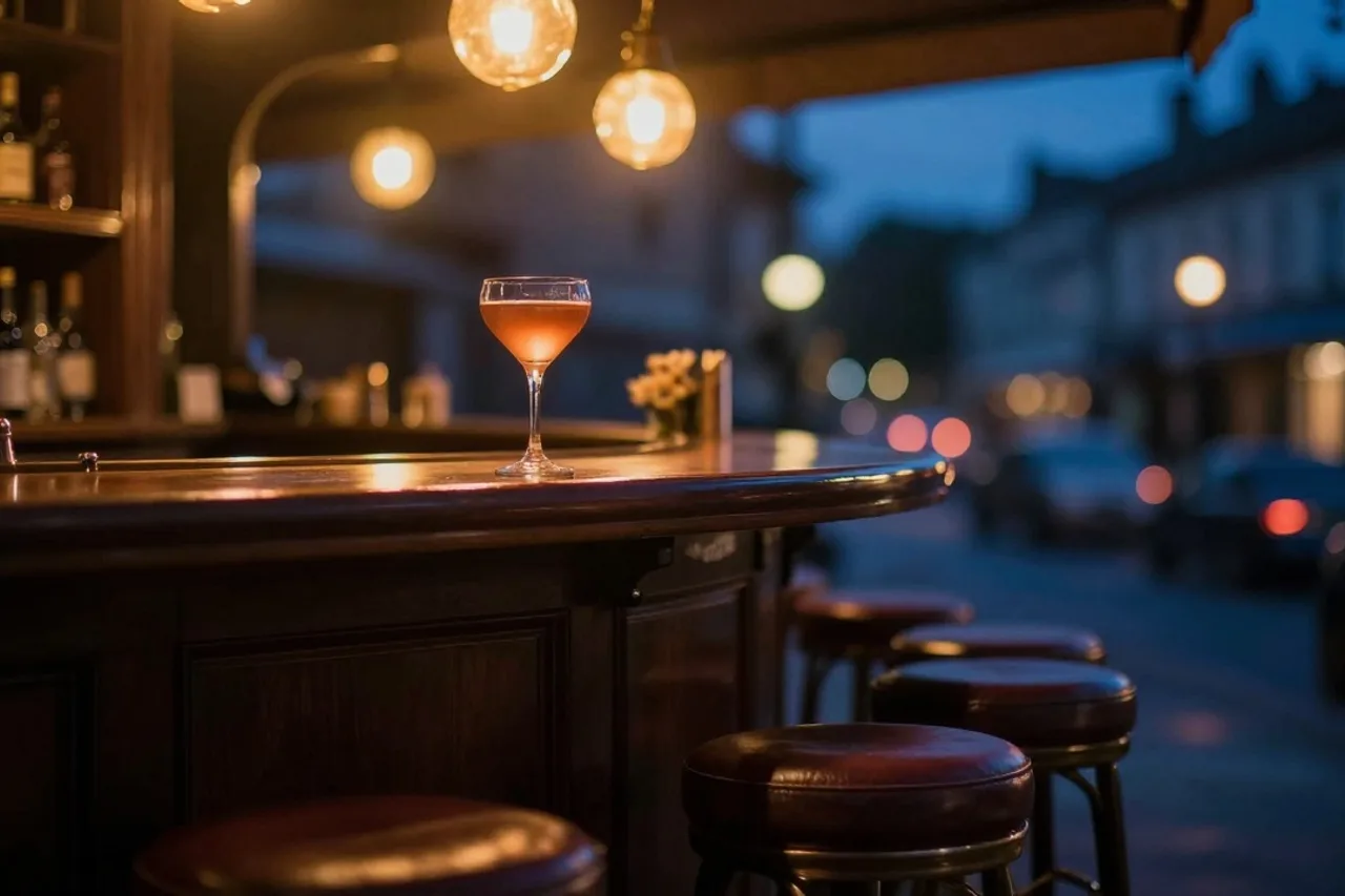 Coin d'accueil du bar avec tabourets de cuir et lumière tamisée